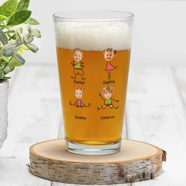 Personalized To Dad From The Reasons You Drink Photo Portrait Beer Glass with 1-4 Kid Names and Text Father’s Day Birthday for Dad Grandpa Husband