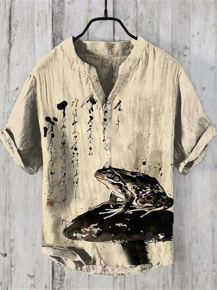 Japanese Frog Mushroom Calligraphy Ink Painting Print Half Button Linen Blend Shirt