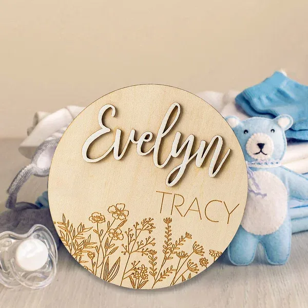 Personalized Wood Baby Birth Announcement Sign with Wildflower and Name