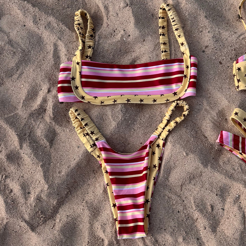 Retro striped bikini with star-print cover-up