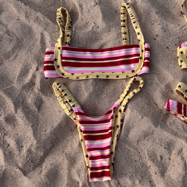 Retro striped bikini with star-print cover-up
