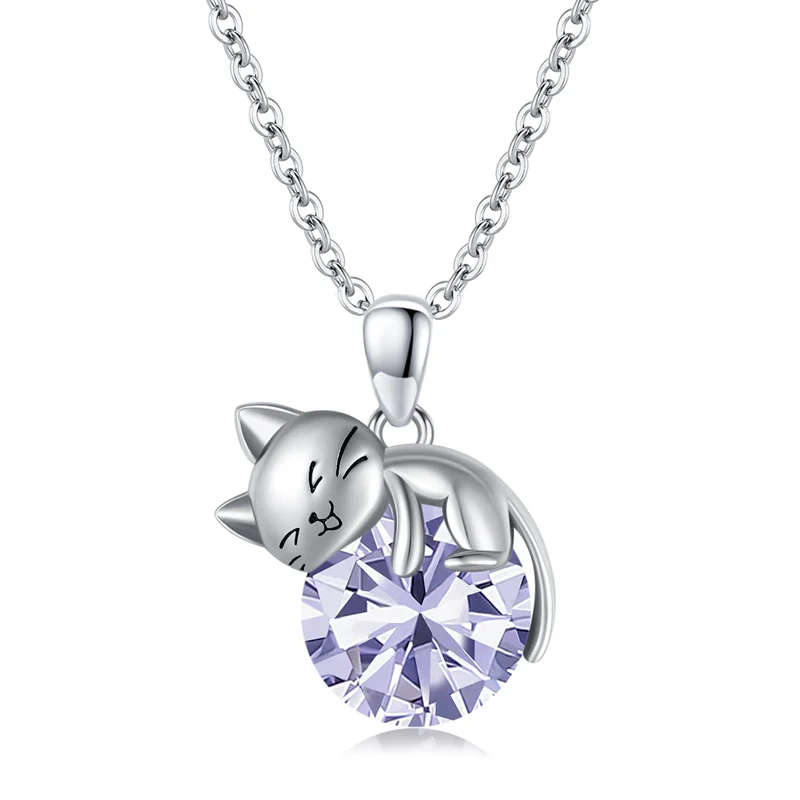 Cat pendant necklace with birthstone, gift for women, daughter and mother