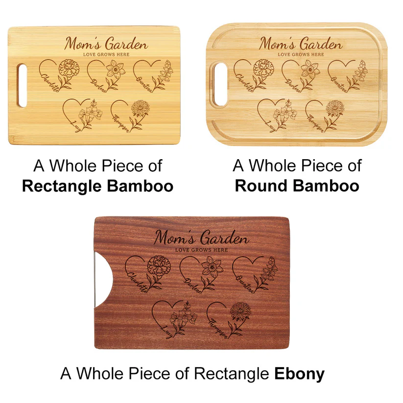 Customized Mom's Garden Cutting Board With Heart Birth Flowers Names