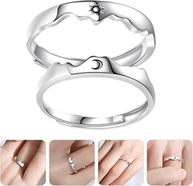 Sun, Moon, Mountains and Sea Couple Rings, a pair of open rings