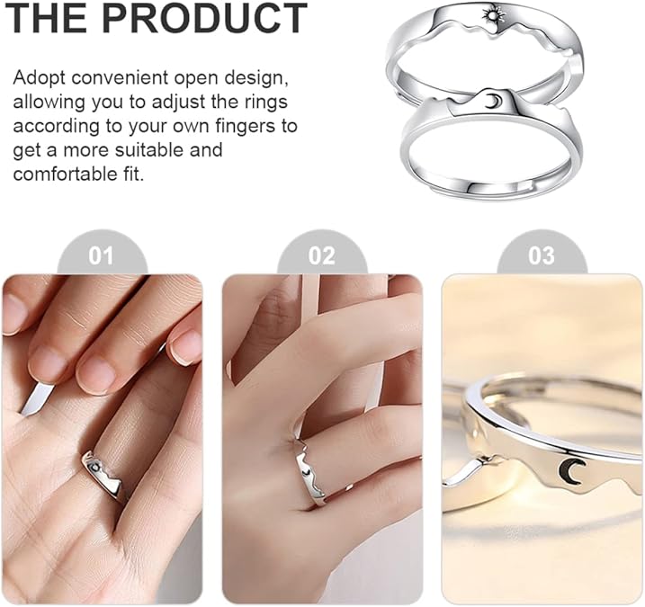 Sun, Moon, Mountains and Sea Couple Rings, a pair of open rings