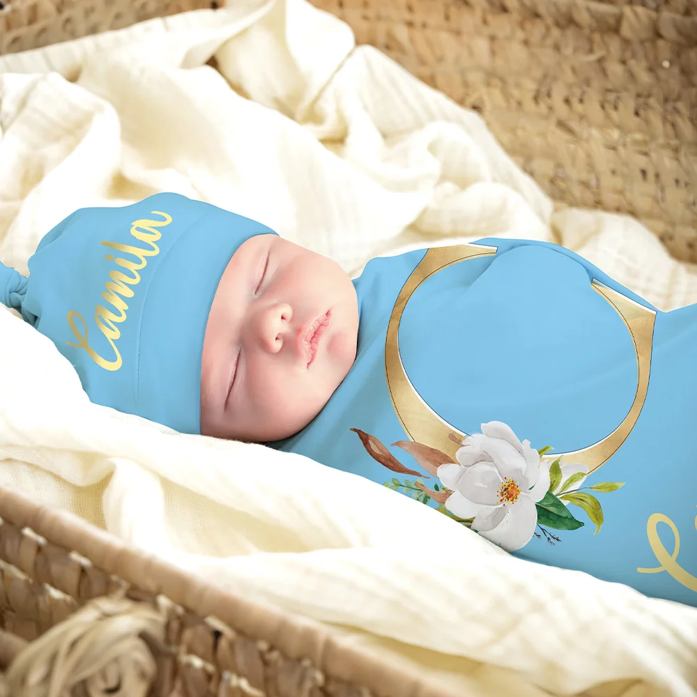 Personalized Multicolor 100% Cotton Flower Initials Swaddle and Bonnet Set Newborn Baby Christening Birthday Gift