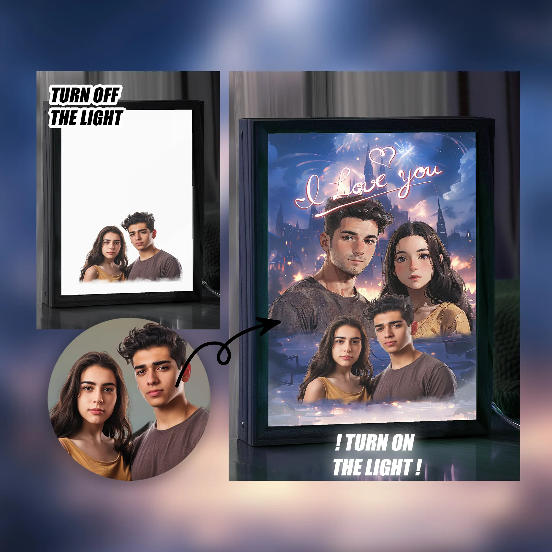 Personalized couple portraits art framed lamps, loved ones, best anniversary gift ever!