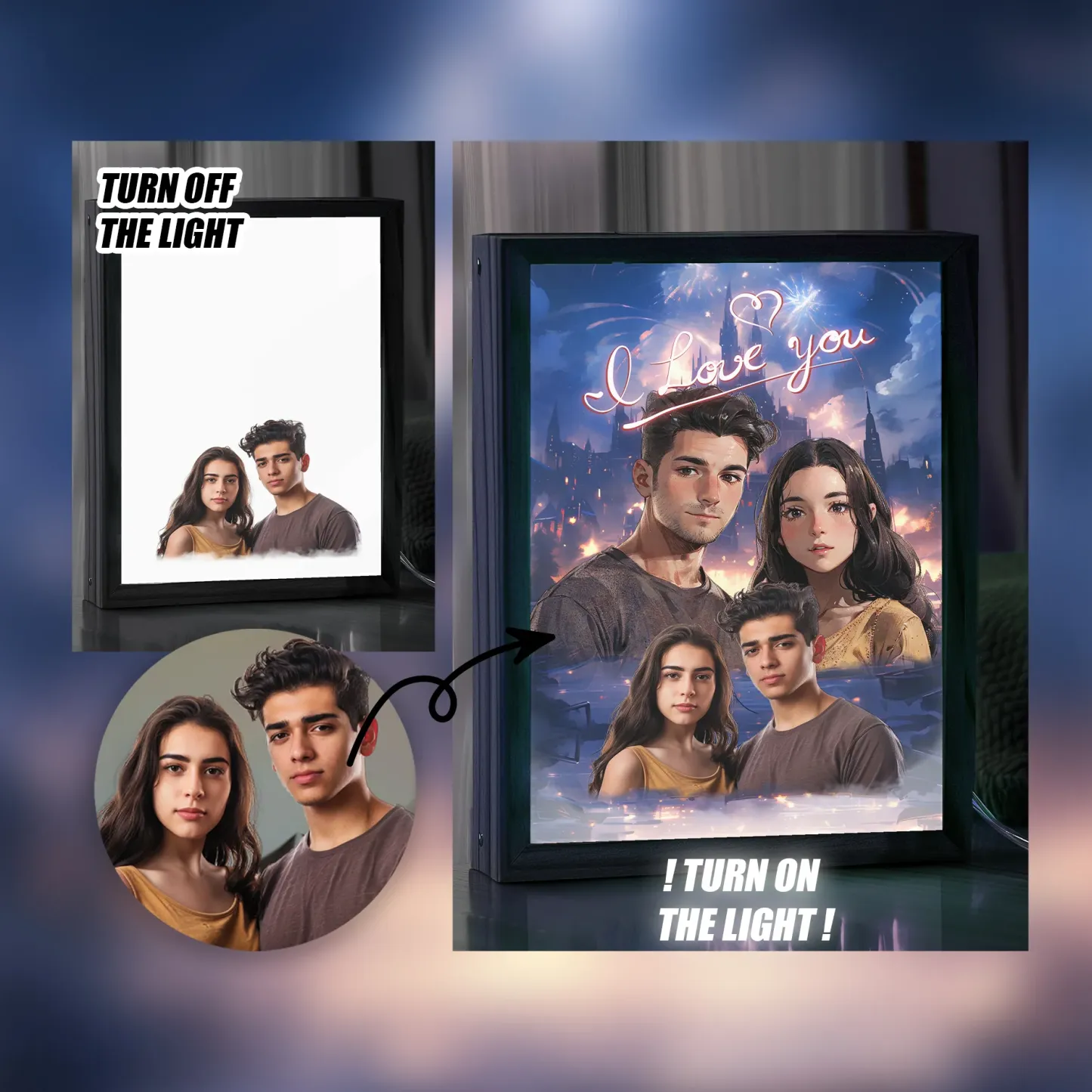 Personalized couple portraits art framed lamps, loved ones, best anniversary gift ever!