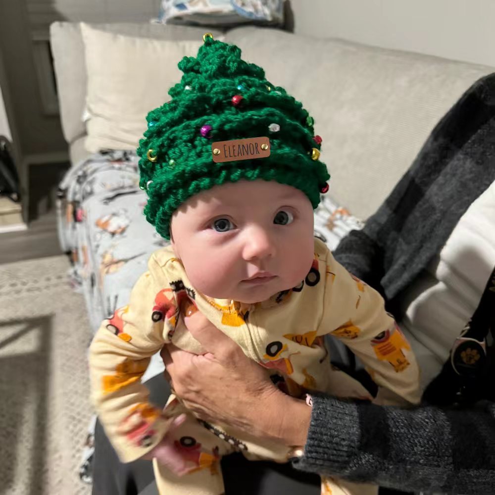 Custom Name Leather Patch Christmas Tree Personalized Crochet Hat