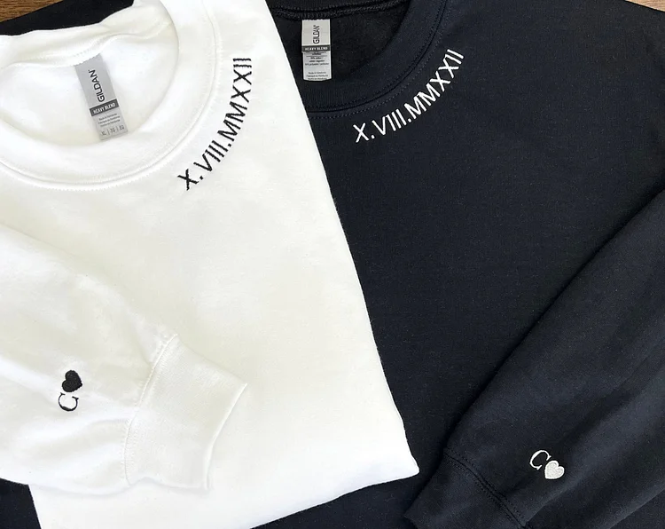 valentines day gift Custom Embroidered Roman Numeral Date Couple's Crewneck/Hoodie