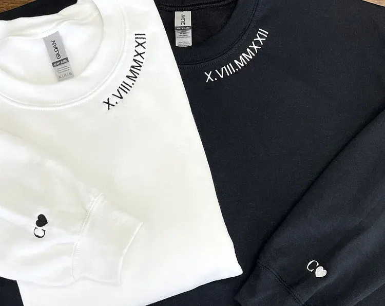 valentines day gift Custom Embroidered Roman Numeral Date Couple's Crewneck/Hoodie