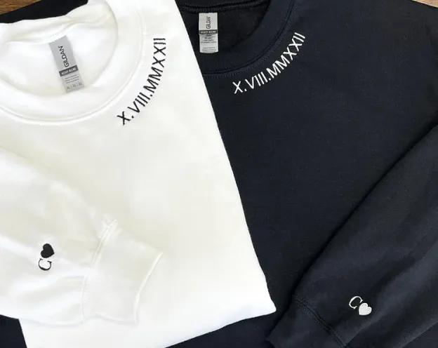 valentines day gift Custom Embroidered Roman Numeral Date Couple's Crewneck/Hoodie