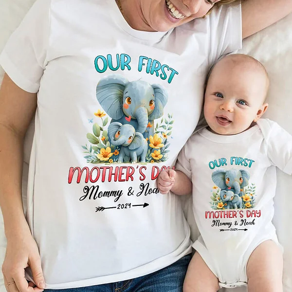 Personalized Cute Elephant Our First Mother's Day Cotton T-shirt with Text First Mother's Day Birthday Gift for New Mommy