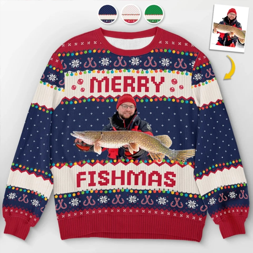 Custom Photo Fisherman - Fishing Personalized Custom Ugly Sweatshirt - Unisex Wool Jumper - Christmas Gift For Fishing Lovers