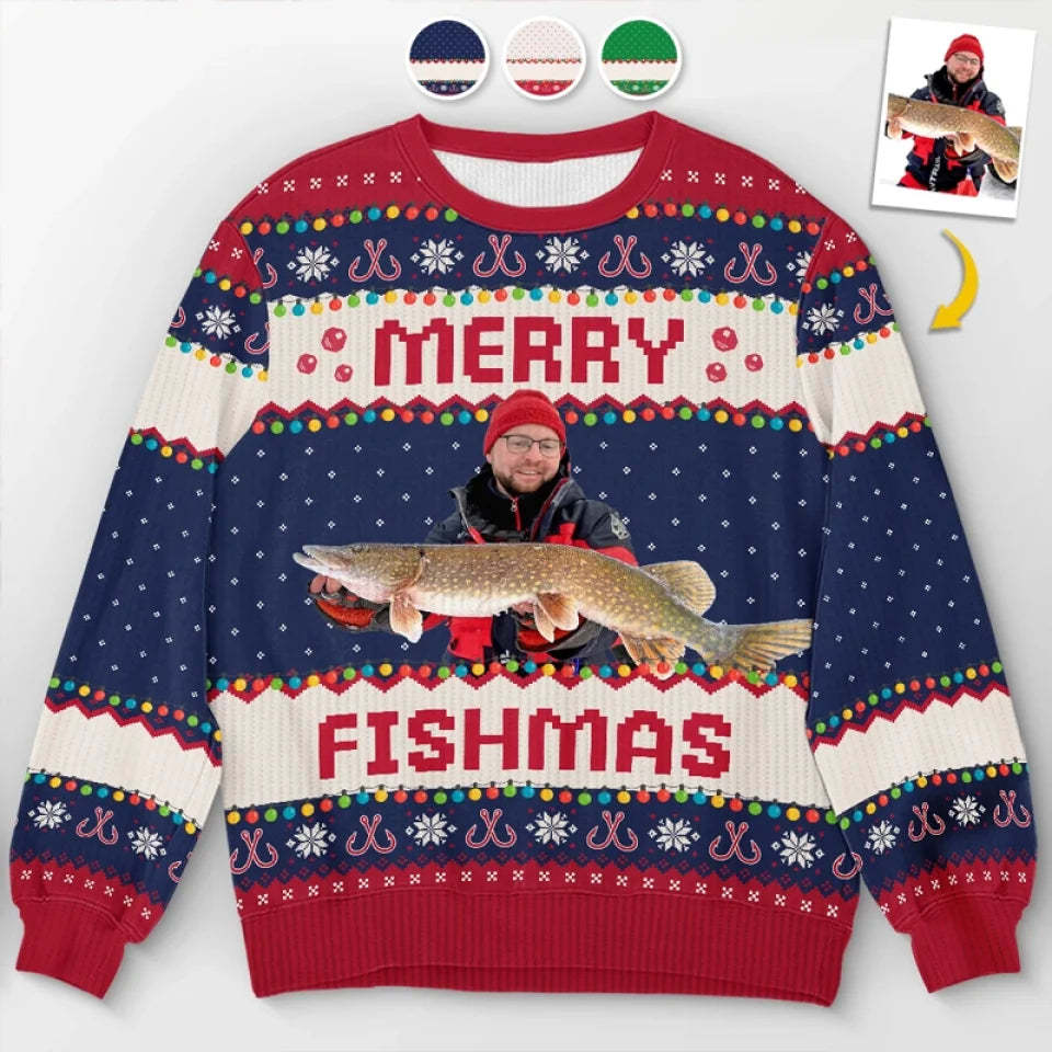 Custom Photo Fisherman - Fishing Personalized Custom Ugly Sweatshirt - Unisex Wool Jumper - Christmas Gift For Fishing Lovers