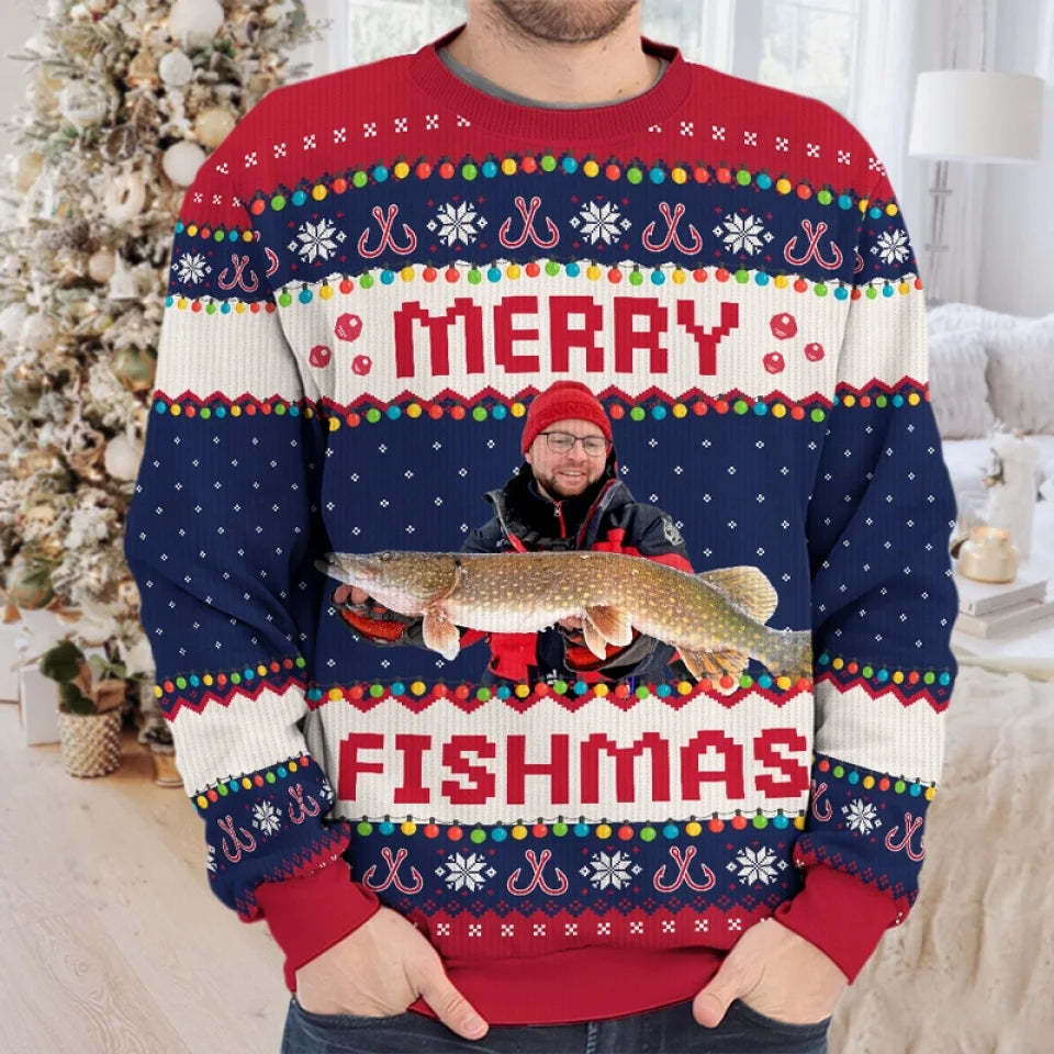 Custom Photo Fisherman - Fishing Personalized Custom Ugly Sweatshirt - Unisex Wool Jumper - Christmas Gift For Fishing Lovers