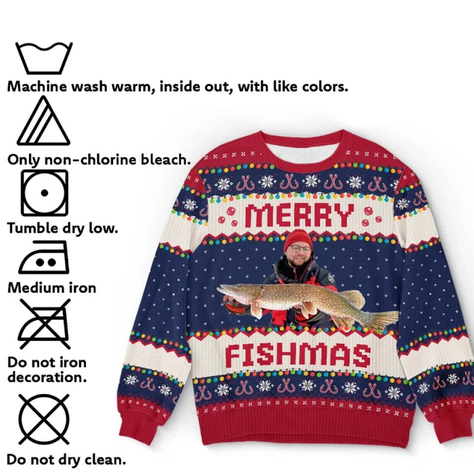 Custom Photo Fisherman - Fishing Personalized Custom Ugly Sweatshirt - Unisex Wool Jumper - Christmas Gift For Fishing Lovers