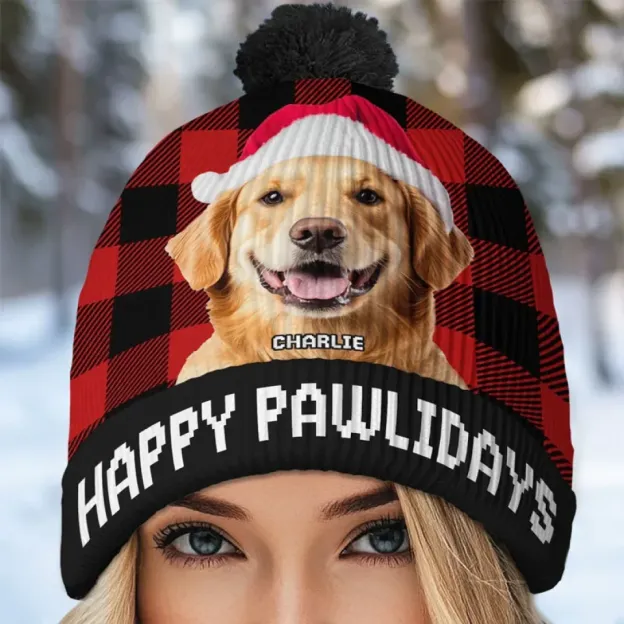 Custom Photo The Best Dog Dad Ever - Dog & Cat Personalized Custom Christmas Beanie Hat - Christmas Gift For Pet Owners, Pet Lovers