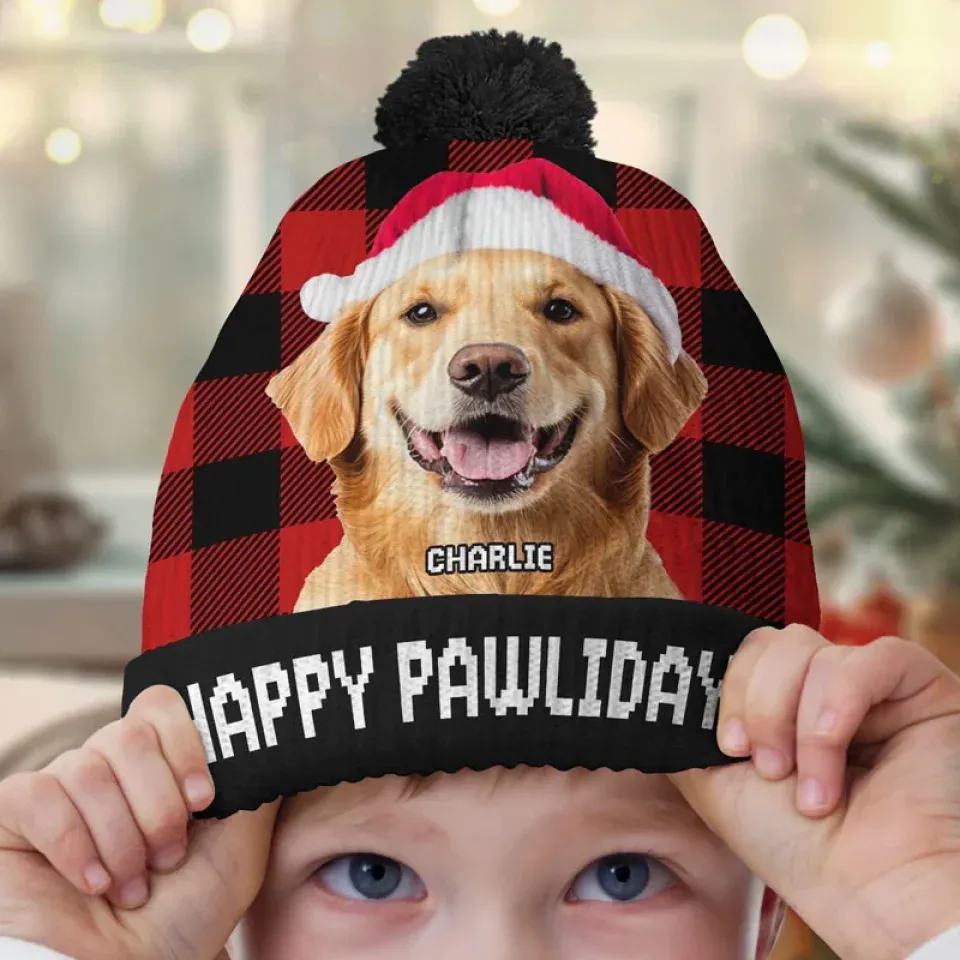Custom Photo The Best Dog Dad Ever - Dog & Cat Personalized Custom Christmas Beanie Hat - Christmas Gift For Pet Owners, Pet Lovers