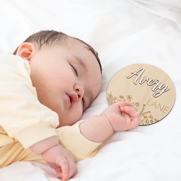 Personalized Wood Baby Birth Announcement Sign with Wildflower and Name