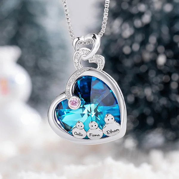 Personalised Snowman Family Heart Necklace with Engraved Names and Birthstone Jewellery