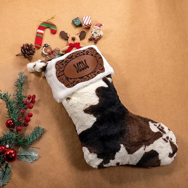 Personalized Western Cowboy Cow Print Fleece Christmas Stocking with Name Leather Patch Fireplace Tree Hanging Festival Decor Gift for Family Kids