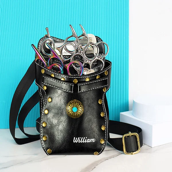 Personalized Multi-Compartment Leather Hairdressing Scissors Waist Bag with Name and Belt Gift for Hairstylist Barber
