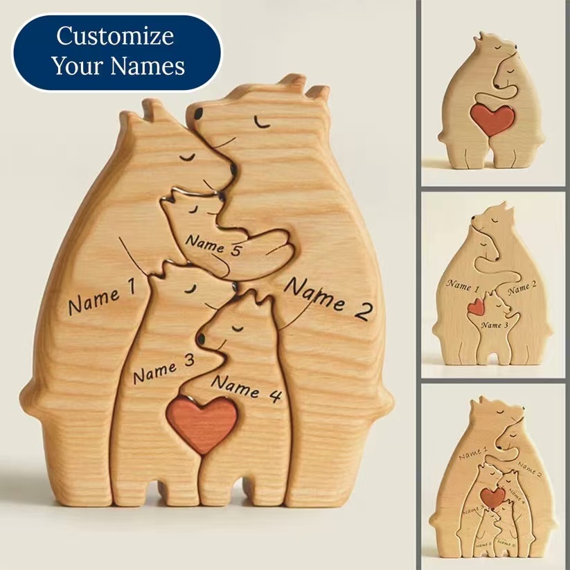 Personalized Wooden Bears Family, Bear Shaped Wood Puzzle with Custom Name- Gift for Mother's Day, Thanksgiving, Christmas