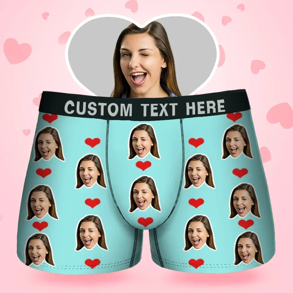 Custom Face Men's Boxer Sweet Heart Love Style Underwear, Birthday Gifts for Husband, Waistband Text Boxer Gift