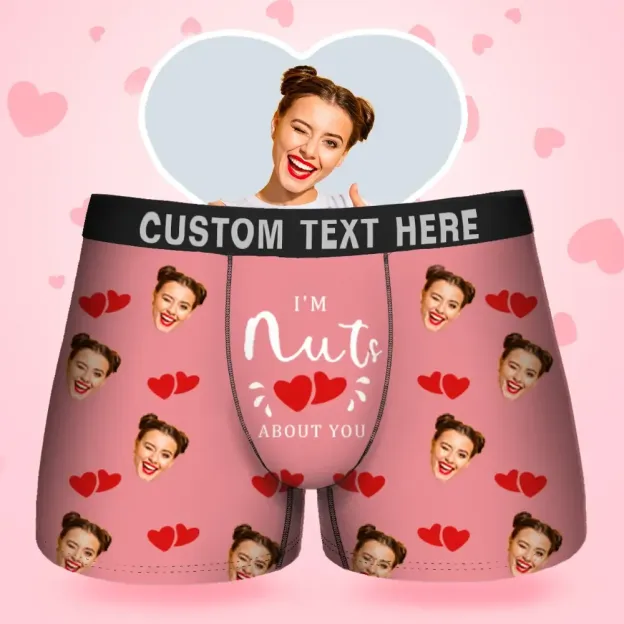 Custom Face Men's Boxer I'M Nuts About You Style Underwear, Birthday Gifts for Husband, Waistband Text Boxer Gift