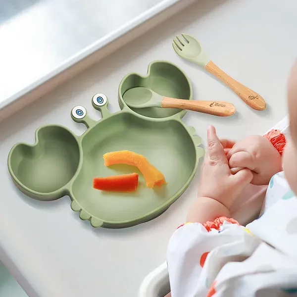Personalized Food Grade Silicone Baby Feeding Set with Crab Shape Divided Suction Plate Baby Led Weaning Supplies for Kid Toddler Dinnerware