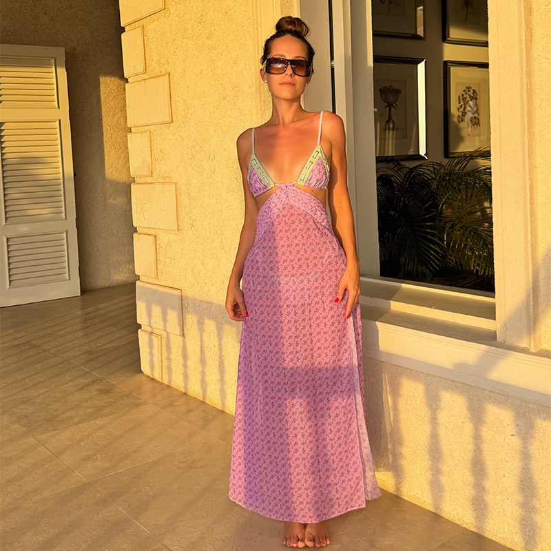 Vacation bikini paired with a side-slit sheer beach skirt