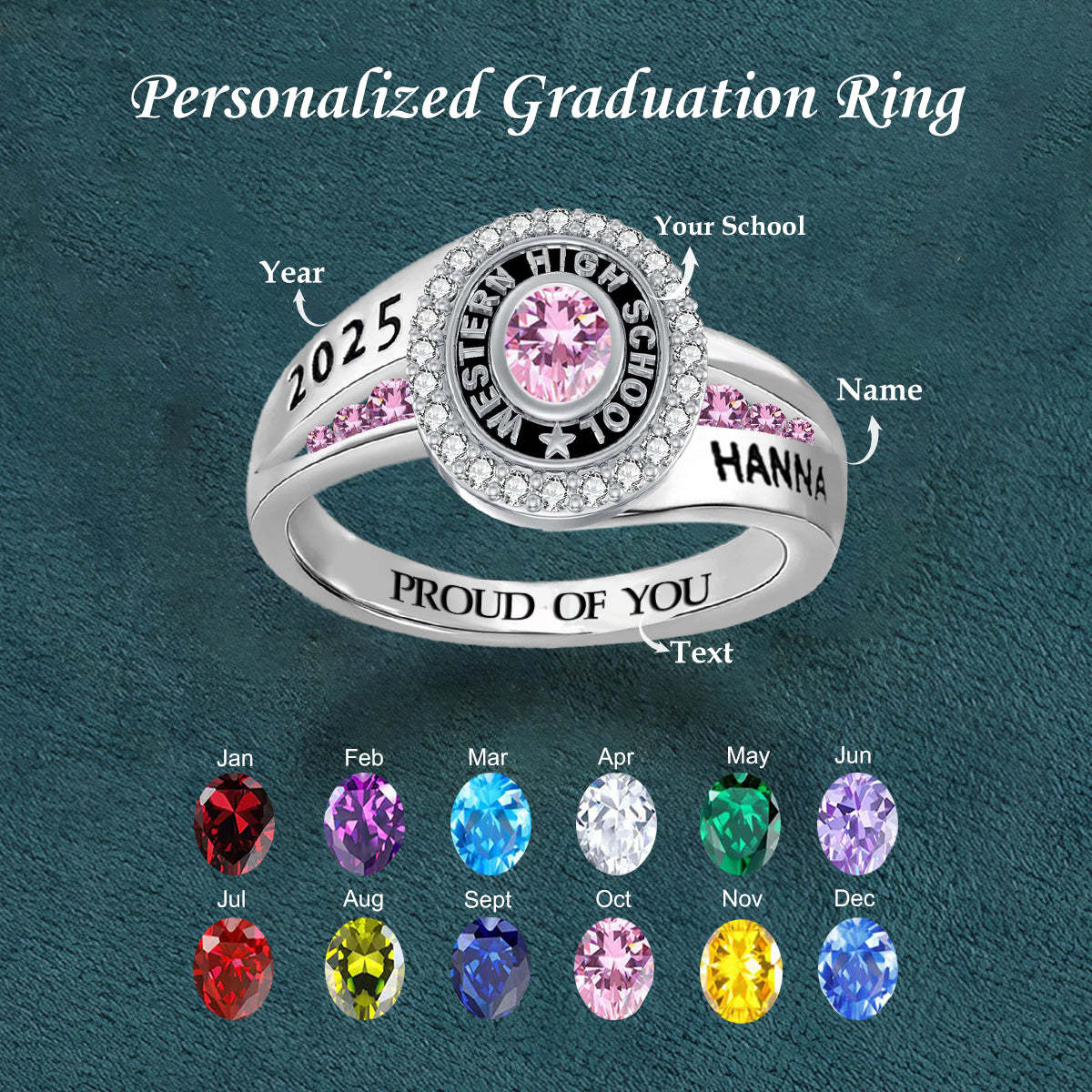 Customized graduation rings with birthstones for graduates