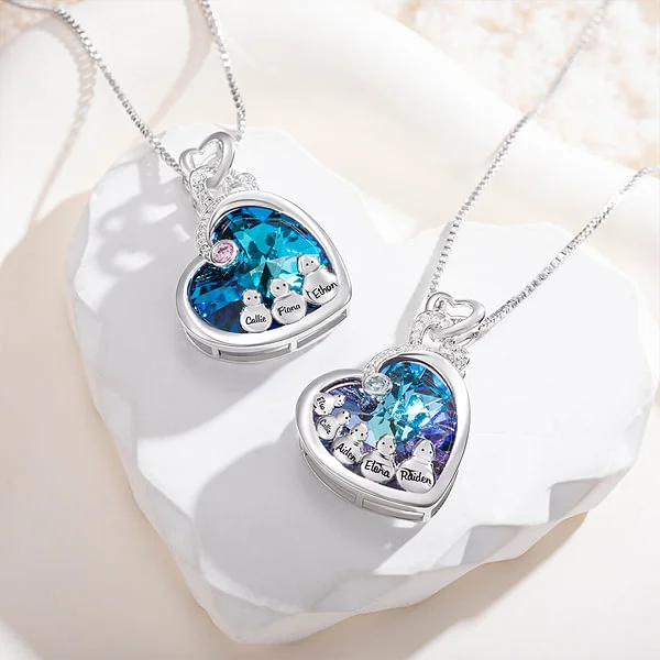 Personalised Snowman Family Heart Necklace with Engraved Names and Birthstone Jewellery