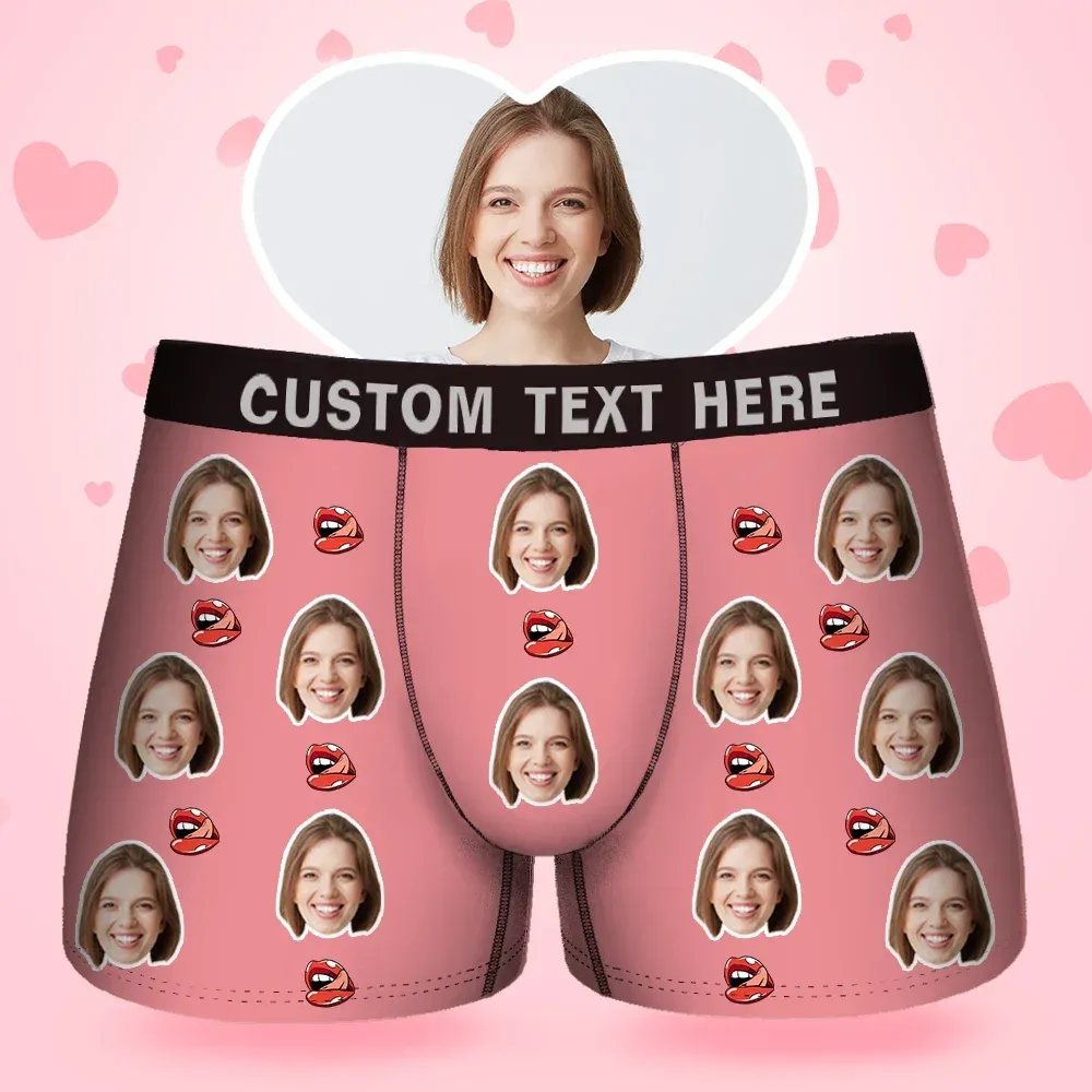 Father's Day Gifts Custom Face Men's Boxer Kiss Lip Gift For Him Couple Style Underwear, Birthday Gifts for Husband, Waistband Text Boxer Gift