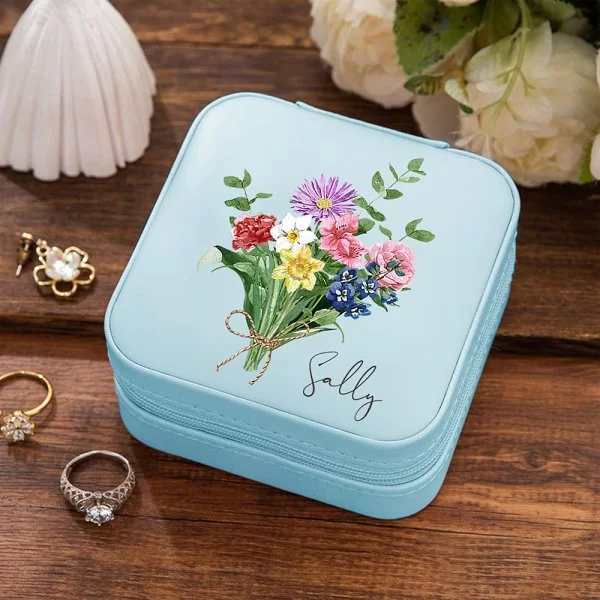 Personalized Leather Name Travel Jewelry Box with Watercolor Birth Flowers Bouquet Portable Jewelry Case for Women Girls