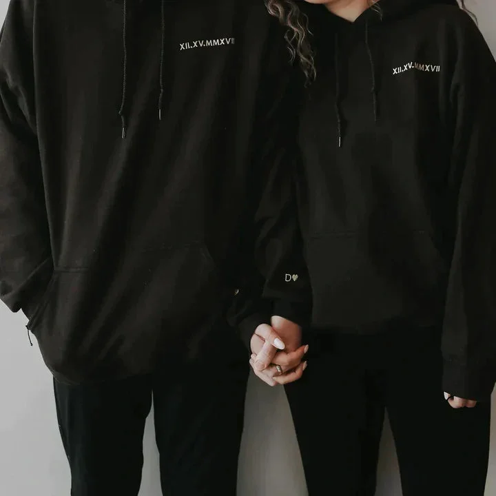 valentines day gift Custom Embroidered Roman Numeral Date Couple's Crewneck/Hoodie