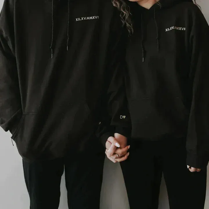 valentines day gift Custom Embroidered Roman Numeral Date Couple's Crewneck/Hoodie