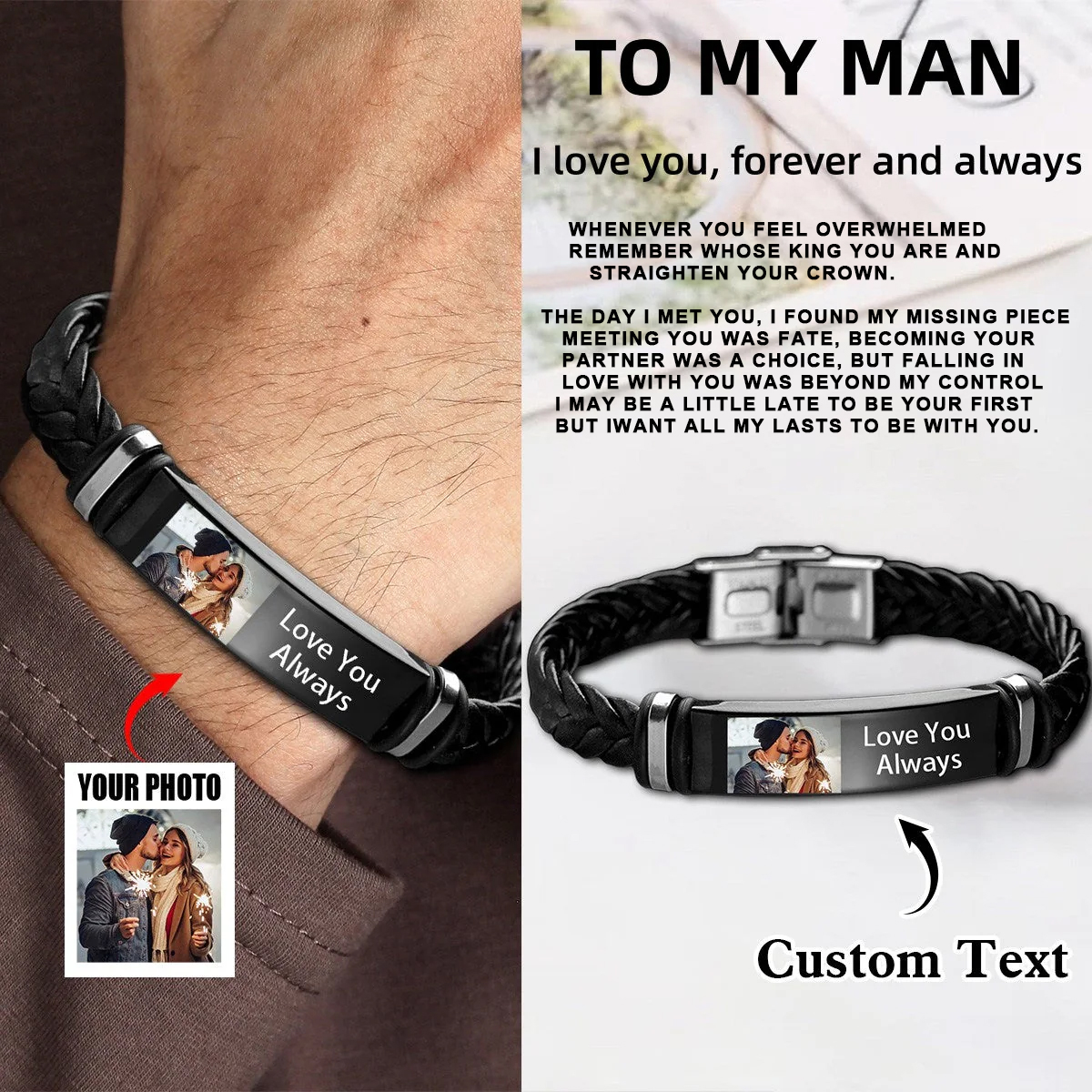 To My Man - Personalized Custom Photo Leather Bracelet