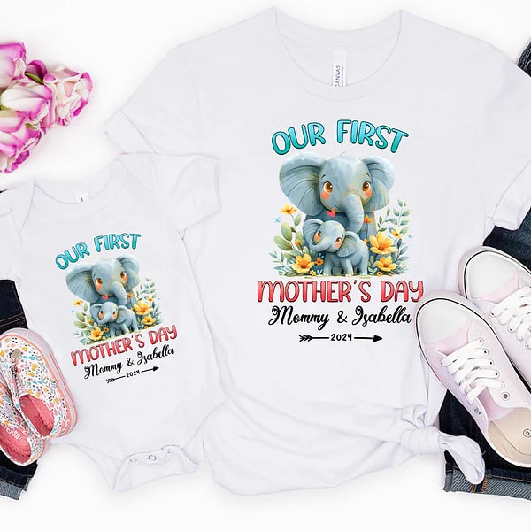 Personalized Cute Elephant Our First Mother's Day Cotton T-shirt with Text First Mother's Day Birthday Gift for New Mommy