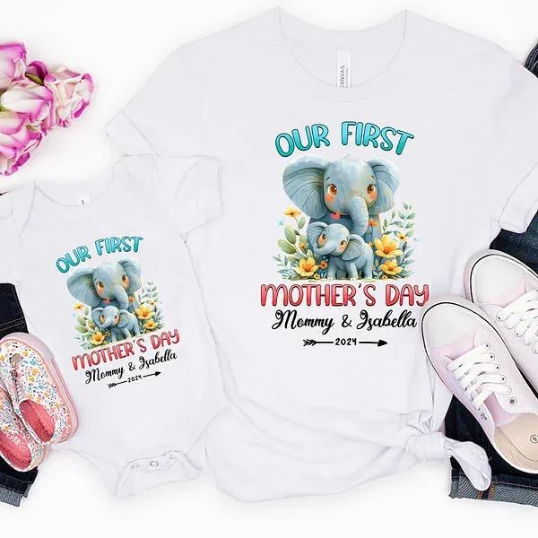 Personalized Cute Elephant Our First Mother's Day Cotton T-shirt with Text First Mother's Day Birthday Gift for New Mommy
