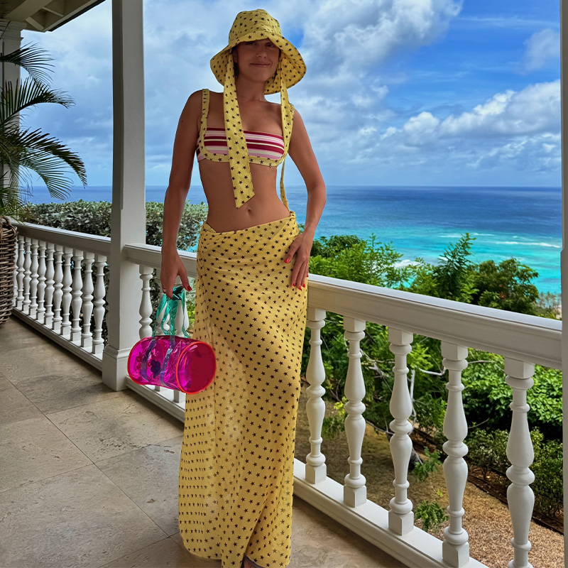 Retro striped bikini with star-print cover-up