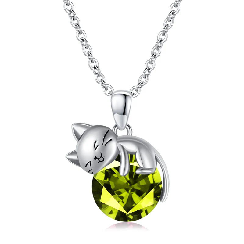 Cat pendant necklace with birthstone, gift for women, daughter and mother
