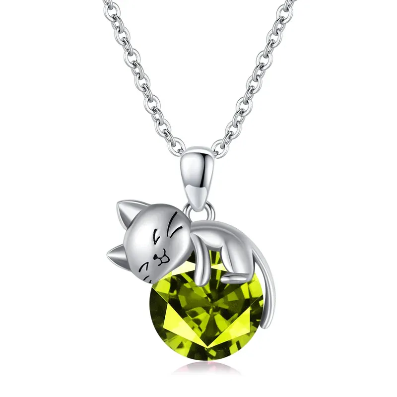 Cat pendant necklace with birthstone, gift for women, daughter and mother