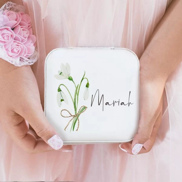 Personalized Leather Name Travel Jewelry Box with Watercolor Birth Flowers Bouquet Portable Jewelry Case for Women Girls