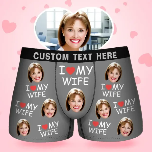 Custom Face Men's Boxer I Love My Wife Style Underwear, Birthday Gifts for Husband, Waistband Text Boxer Gift