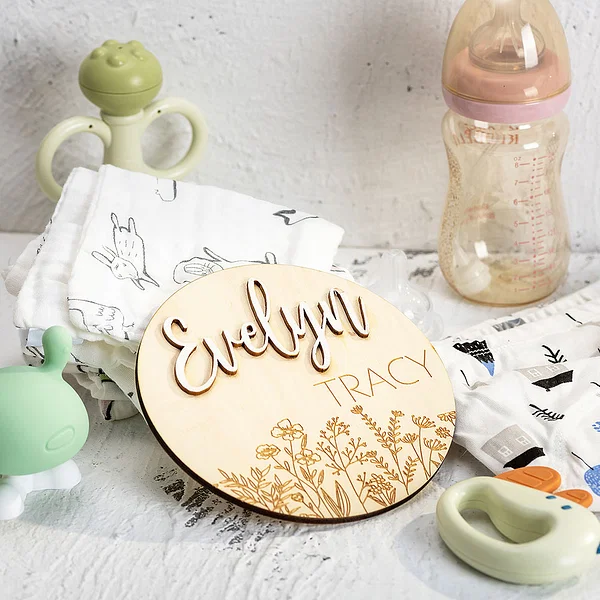 Personalized Wood Baby Birth Announcement Sign with Wildflower and Name