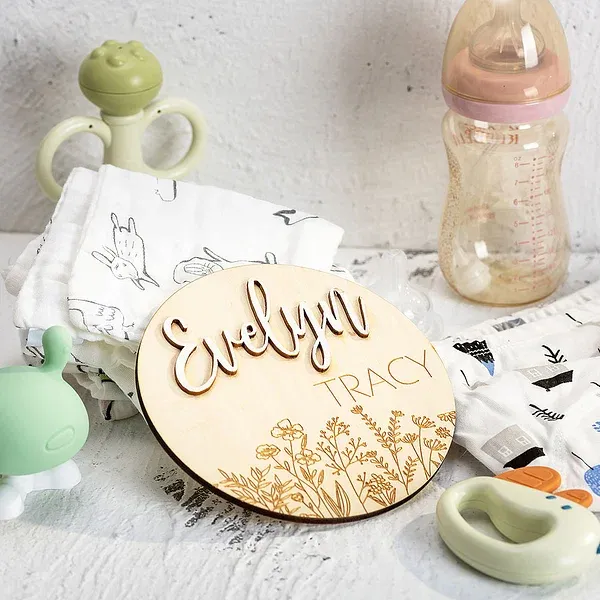 Personalized Wood Baby Birth Announcement Sign with Wildflower and Name