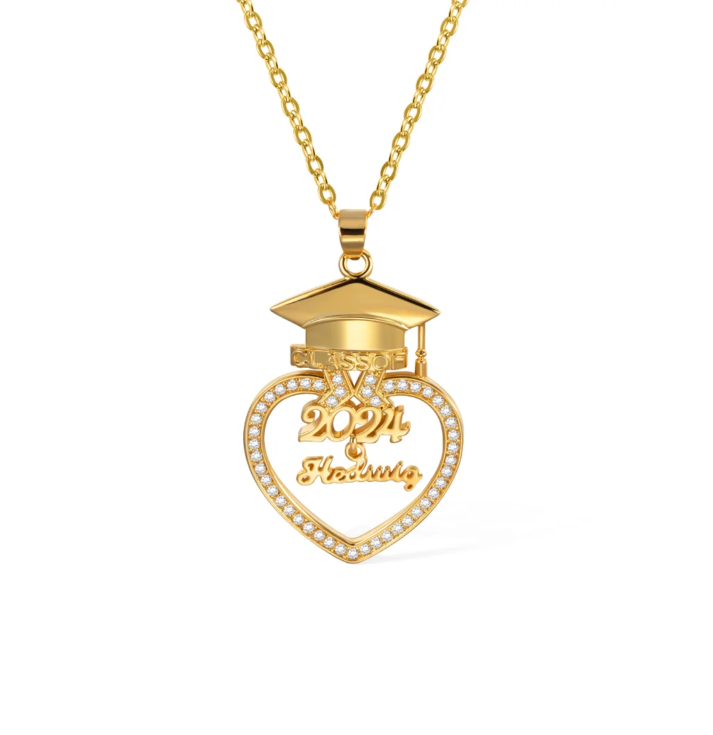 Personalized Graduation Cap Heart Zircon Necklace with Name for Class 
