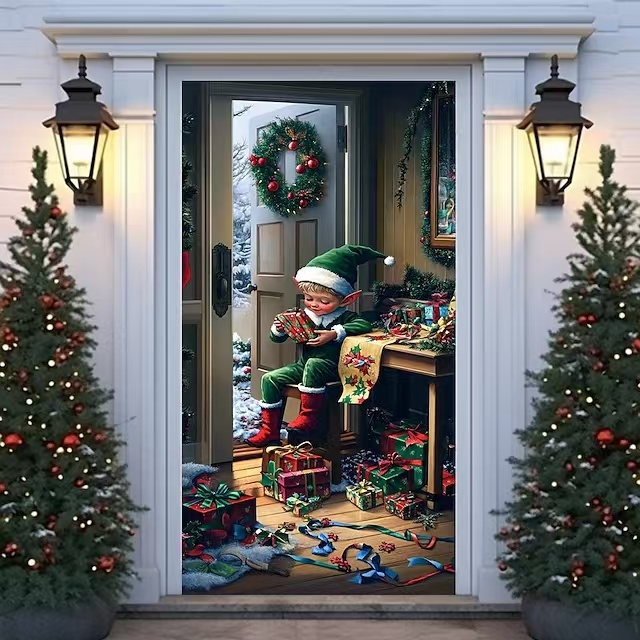 Christmas Door Decorations Ornaments Door Covers Door Tapestry Door Curtain Decoration Xmas Backdrop Door Banner for Front Door Holiday Party Decor Supplies